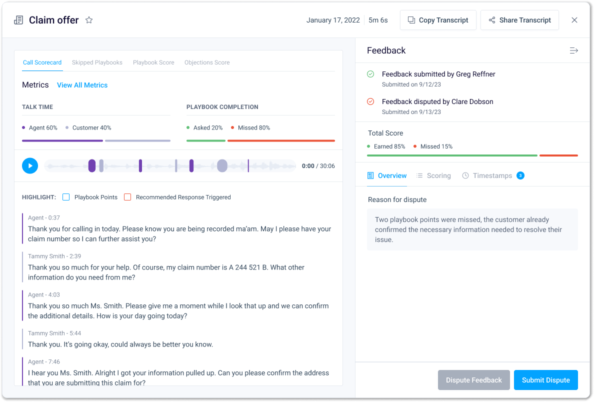 call transcript with feedback - agent