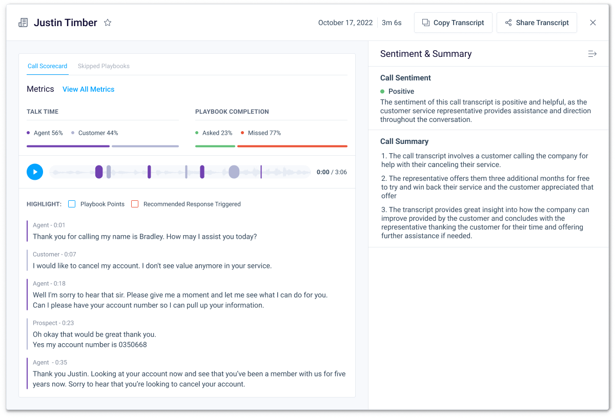 call sentiment summary